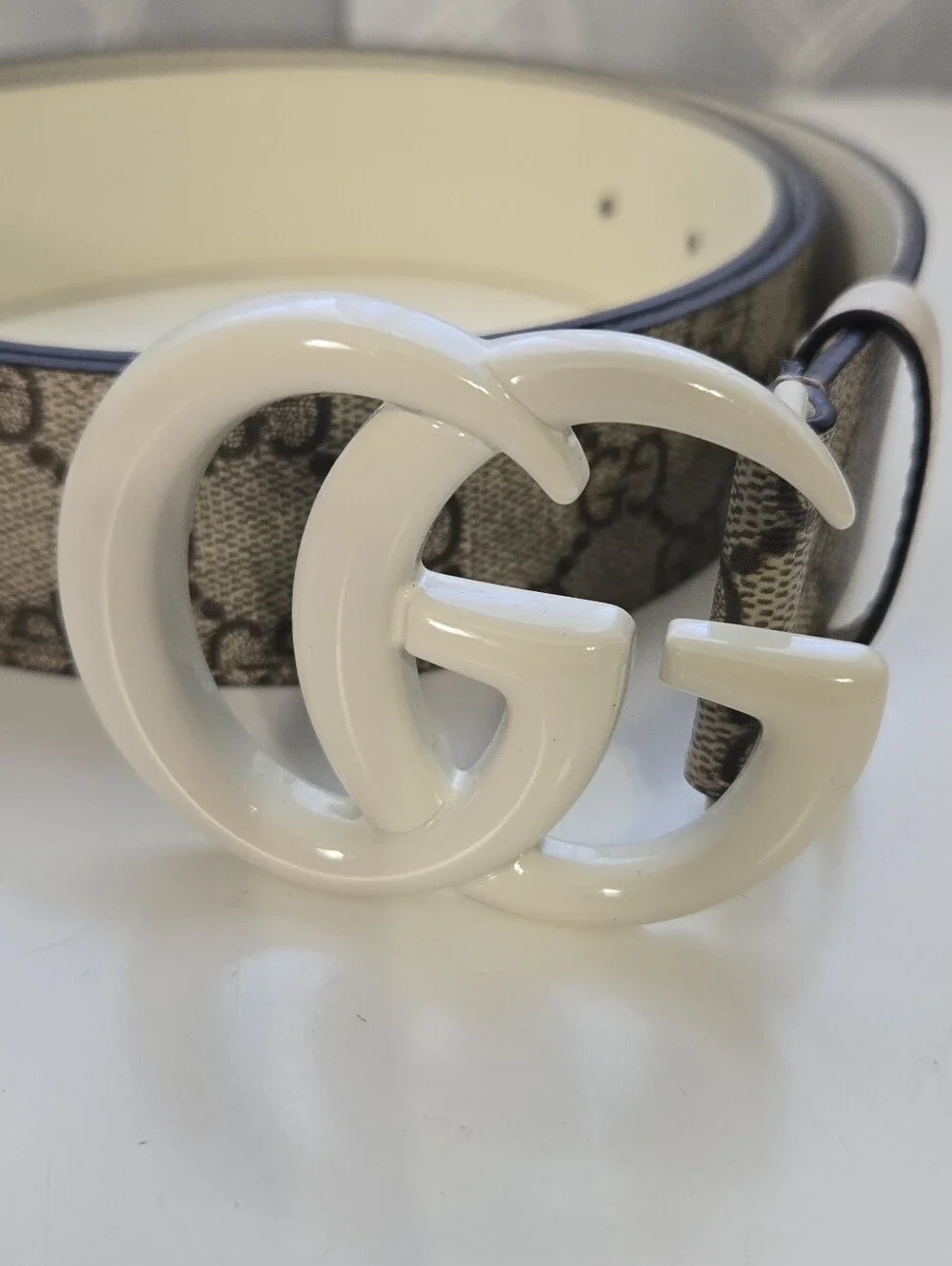 Gucci Beige GG Monogram Canvas Belt with White Double G Buckle